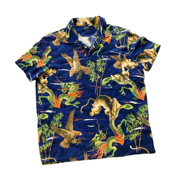 Polo Ralph Lauren Other - Polo Ralph Lauren Dragon Tiger Eagle All Over Print Polo Shirt Men's Sz XL Blue